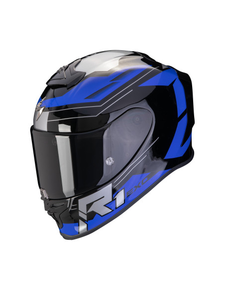 SCORPION EXO-R1 EVO AIR BLAZE BLACK/BLUE SPORTINIS/UŽDARAS MOTO ŠALMAS