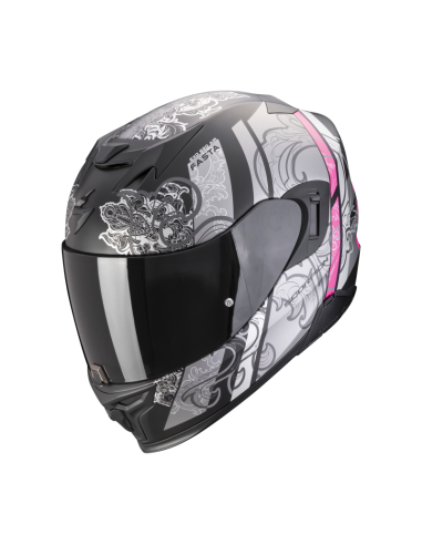 SCORPION EXO-520 EVO AIR FASTA MATT BLACK/SILVER/PINK SPORTINIS/UŽDARAS MOTO ŠALMAS