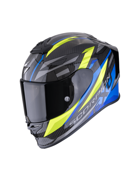 SCORPION EXO-R1 CARBON EVO AIR RUNNER BLACK/BLUE/NEON YELLOW SPORTINIS/UŽDARAS MOTO ŠALMAS