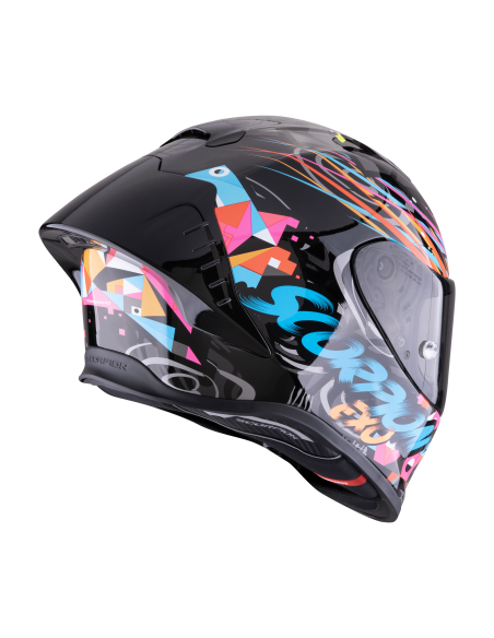 SCORPION EXO-R1 EVO AIR SAVAGE BLACK/BLUE/PINK SPORTINIS/UŽDARAS MOTO ŠALMAS
