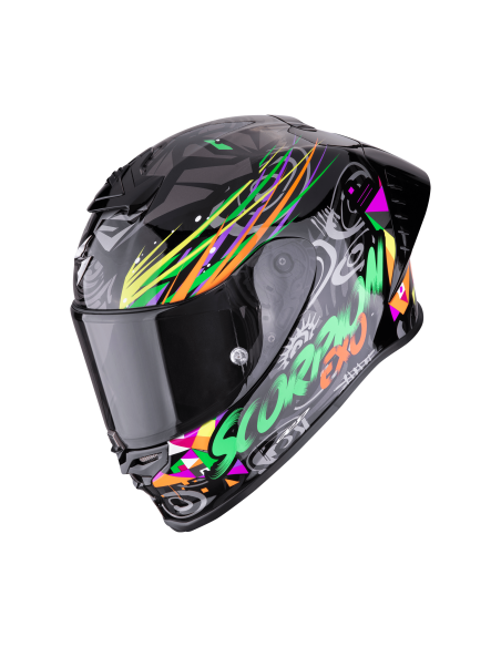 SCORPION EXO-R1 EVO AIR SAVAGE BLACK/GREEN/ORANGE SPORTINIS/UŽDARAS MOTO ŠALMAS