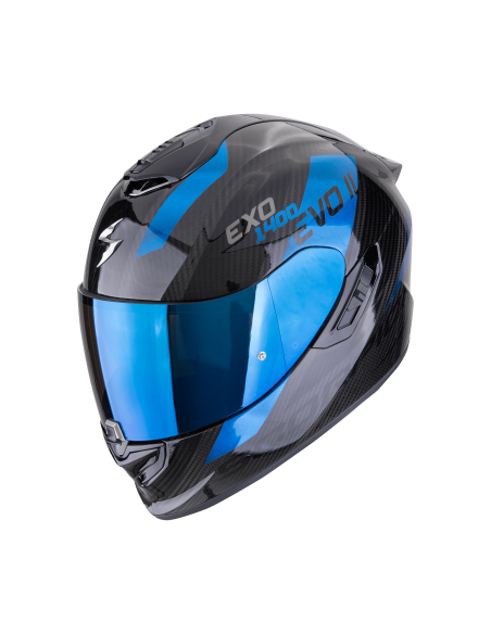 SCORPION EXO-1400 EVO II CARBON AIR PLATTED BLACK/BLUE SPORTINIS/UŽDARAS MOTO ŠALMAS