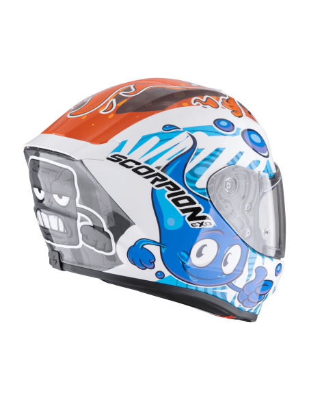 SCORPION EXO AIR THE4ELEMENTS WHITE/BLUE/ORANGE VAIKIŠKAS SPORTINIS/UŽDARAS MOTO ŠALMAS