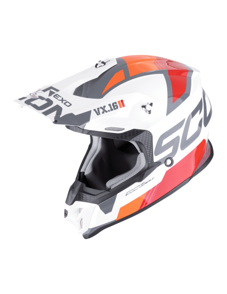 SCORPION VX-16 EVO AIR ANALOG WHITE/ORANGE KROSINIS MOTO ŠALMAS