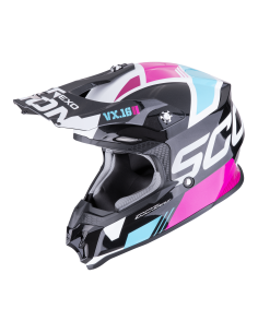 SCORPION VX-16 EVO AIR ANALOG METAL BLACK/BLUE/PINK KROSINIS MOTO ŠALMAS