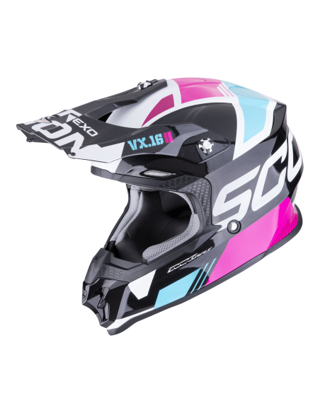 SCORPION VX-16 EVO AIR ANALOG METAL BLACK/BLUE/PINK KROSINIS MOTO ŠALMAS