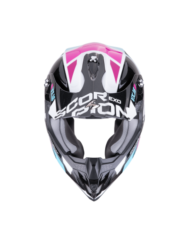 SCORPION VX-16 EVO AIR ANALOG METAL BLACK/BLUE/PINK KROSINIS MOTO ŠALMAS