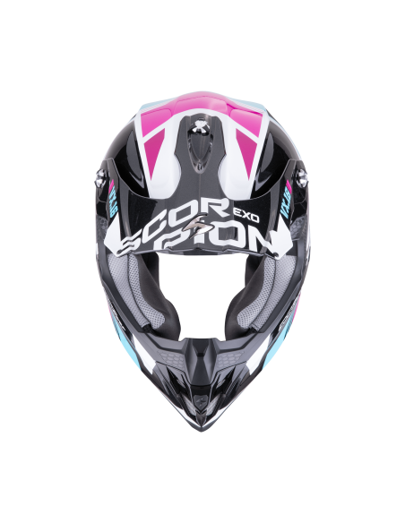 SCORPION VX-16 EVO AIR ANALOG METAL BLACK/BLUE/PINK KROSINIS MOTO ŠALMAS