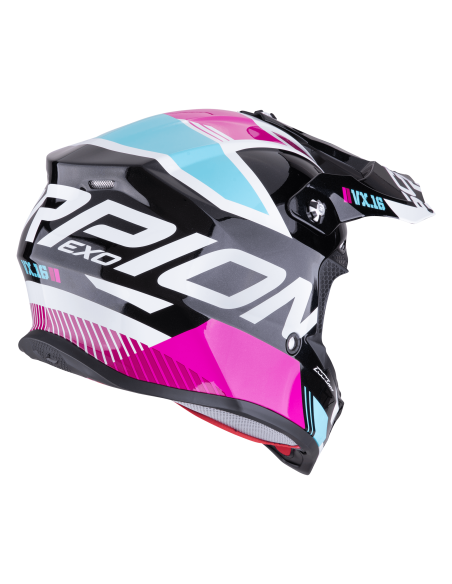 SCORPION VX-16 EVO AIR ANALOG METAL BLACK/BLUE/PINK KROSINIS MOTO ŠALMAS