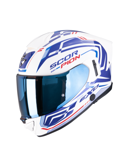 SCORPION EXO-530 EVO AIR SLOPE WHITE/BLUE/RED SPORTINIS/UŽDARAS MOTO ŠALMAS