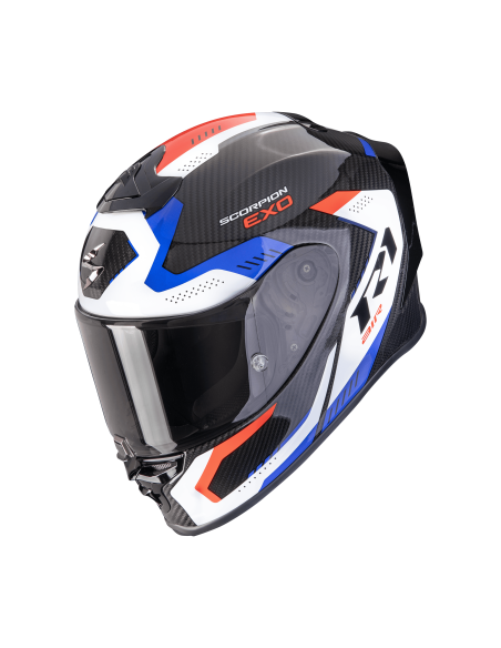 SCORPION EXO-R1 CARBON EVO AIR PROPEL BLACK/WHITE/RED SPORTINIS/UŽDARAS MOTO ŠALMAS