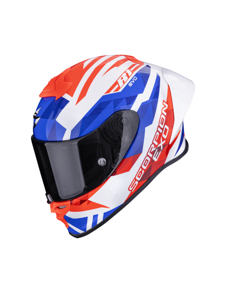 SCORPION EXO-R1 EVO II AIR VALERE WHITE/RED/BLUE SPORTINIS/UŽDARAS MOTO ŠALMAS