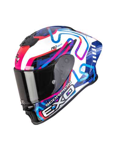 SCORPION EXO-R1 EVO II AIR CORNERING WHITE/BLUE/PINK SPORTINIS/UŽDARAS MOTO ŠALMAS