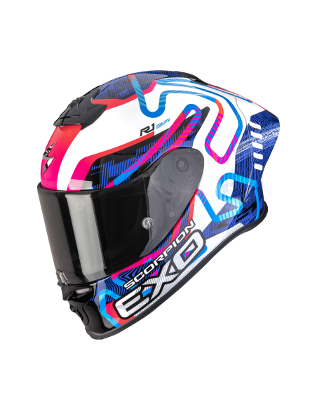 SCORPION EXO-R1 EVO II AIR CORNERING WHITE/BLUE/PINK SPORTINIS/UŽDARAS MOTO ŠALMAS