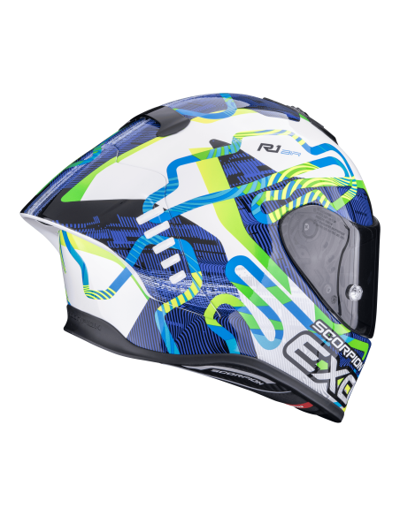 SCORPION СПОРТИВНЫЙ/ЗАКРЫТЫЙ ШЛЕМ EXO-R1 EVO II AIR CORNERING WHITE/BLUE/GREEN
