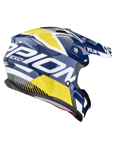 SCORPION VX-16 EVO AIR ANALOG WHITE/BLUE/YELLOW KROSINIS MOTO ŠALMAS