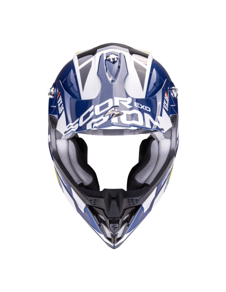 SCORPION VX-16 EVO AIR ANALOG WHITE/BLUE/YELLOW KROSINIS MOTO ŠALMAS