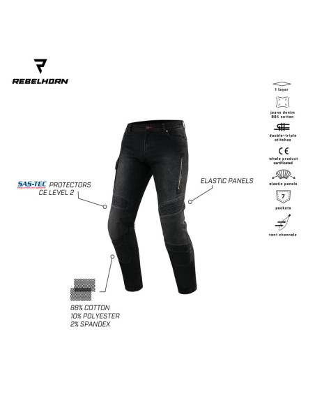 REBELHORN VANDAL WASHED BLACK MOTO DŽINSAI