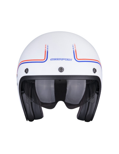 SCORPION BELFAST EVO SOUL WHITE/BLUE/RED ATVIRAS MOTO ŠALMAS